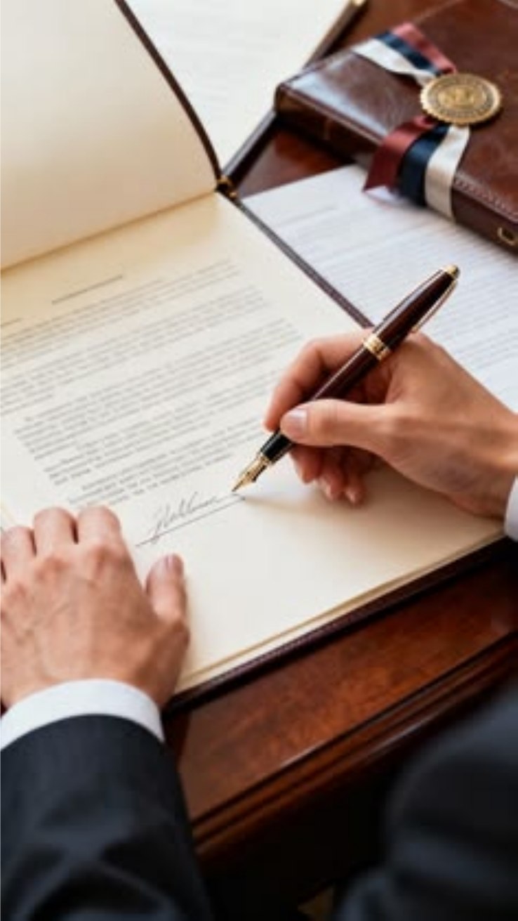 Mãos assinando um contrato formal com caneta sobre uma pasta de couro